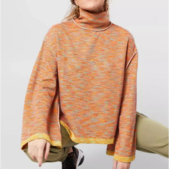 We The Free Tops - We the Free People Sunny Days Turtleneck Top Wide Sleeve Marl Orange Size Medium